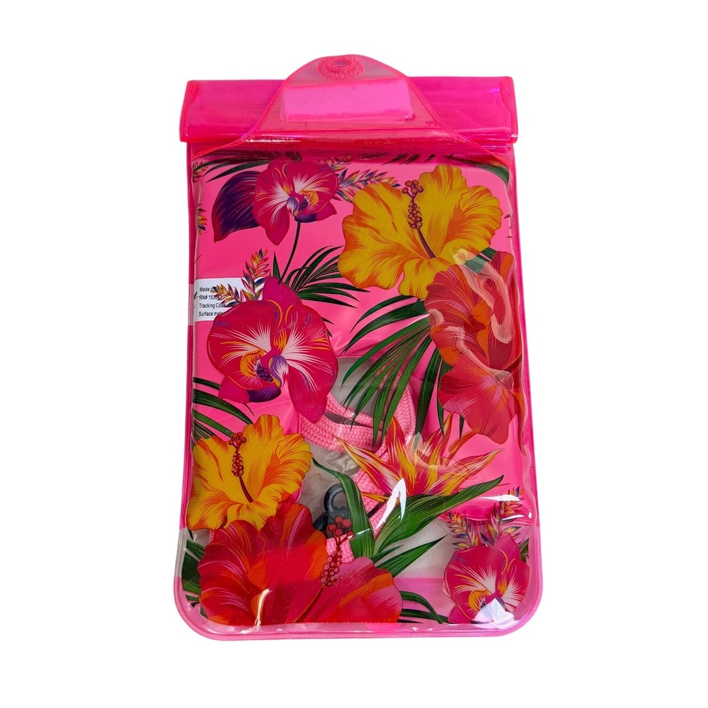 New Miamica Pink Floral Hibiscus Waterproof Phone Pouch Dry Bag Lanyard Strap